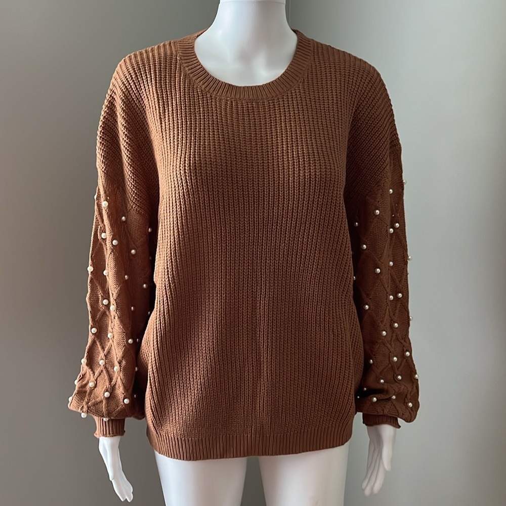 SHEIN LUNE Brown Crewneck Sweater with Pearl Accented Sleeves Size 6 - Picture 4 of 8